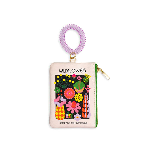 Rectangular white pouch with green zipper and gold hardware features a colorful Wildflowers design and purple spiral wrist strap