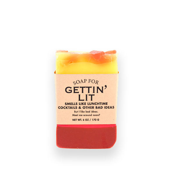 Bar of Soap for Gettin' Lit (Smells Like Lunchtime Cocktails & Other Bad Ideas) is red, yellow, and orange and wrapped in brown paper with black lettering