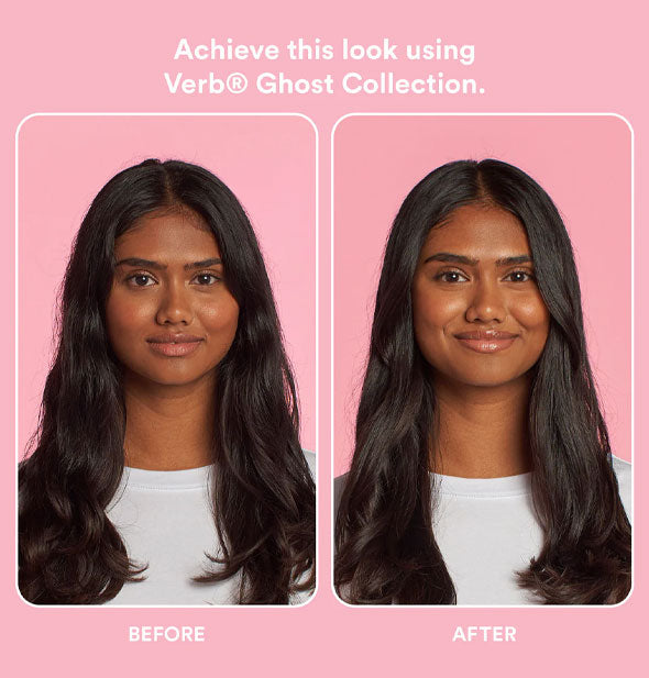 Side-by-side comparison of a model's hair before and after using the Verb Ghost Collection