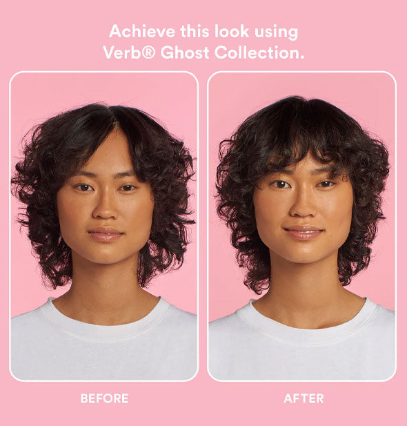 Side-by-side comparison of a model's hair before and after using the Verb Ghost Collection