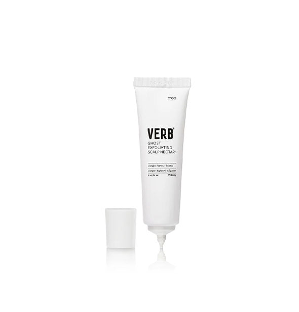 White 2 ounce tube of Verb Ghost Exfoliating Scalp Nectar with cap removed