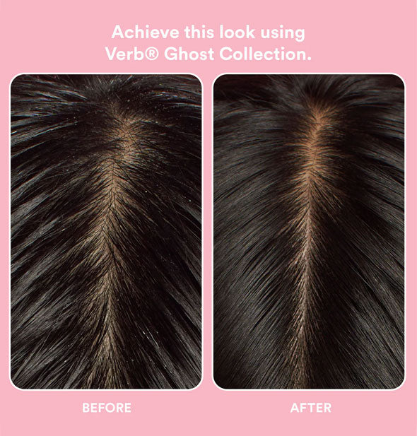 Side-by-side comparison of model's part and scalp before and after using the Verb Ghost Collection