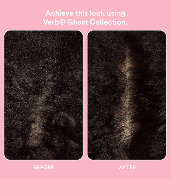 Side-by-side comparison of model's part and scalp before and after using the Verb Ghost Collection