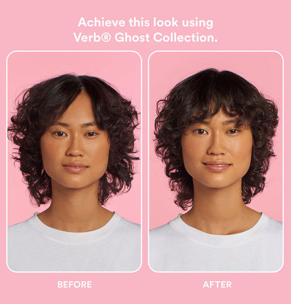 Side-by-side comparison of model's hair before and after using the Verb Ghost Collection