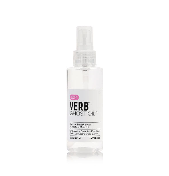 Clear 4 ounce bottle of Verb Ghost Oil with black lettering and the word "Jumbo" in a pink bubble on the label