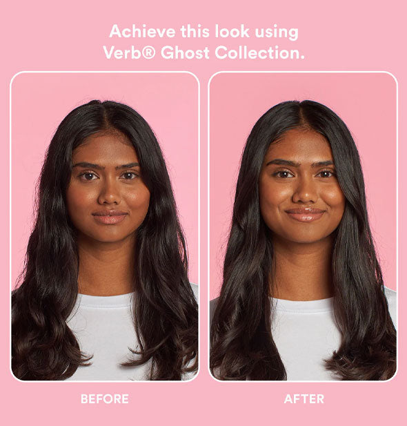 Side-by-side comparison of model's hair before and after using the Verb Ghost Collection