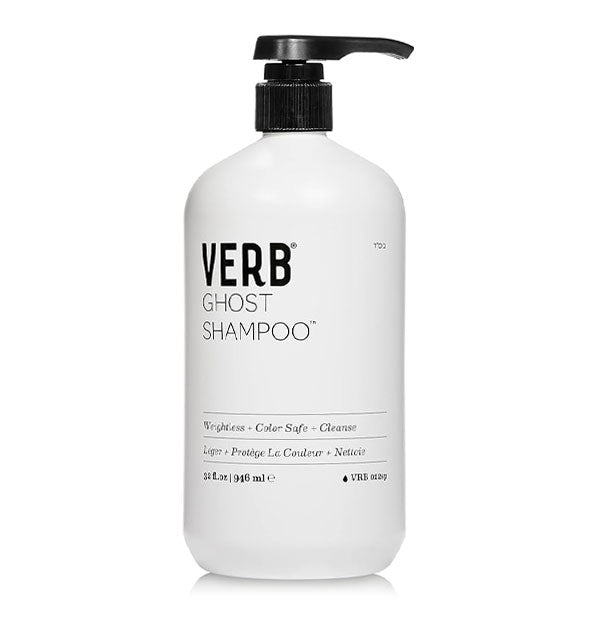 White 32 ounce bottle of Verb Ghost Shampoo with black pump nozzle and lettering