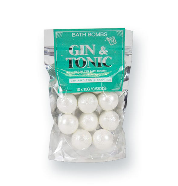 Teal and silver bag of pearlescent Gin & Tonic Bath Bombs which can be seen through a clear window in packaging