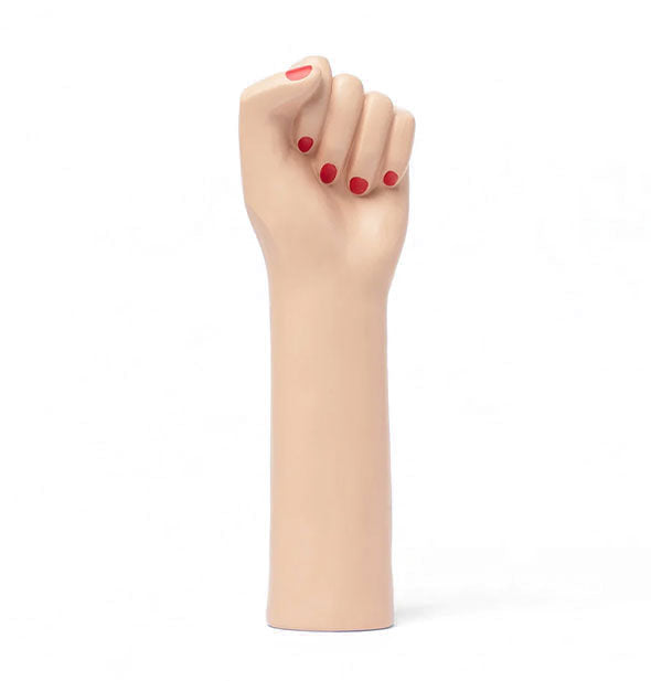 Vase designed to resemble a raised fist with red nail polish and a light-to-medium skin tone