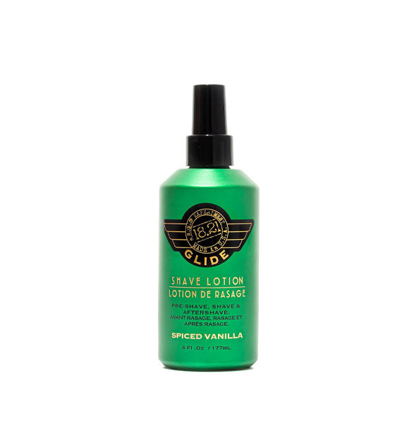 6 ounce green bottle of Spiced Vanilla Glide Shave Lotion features a black insignia with gold lettering and black cap