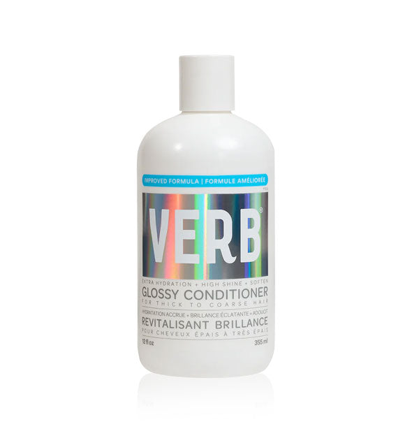 White 12 ounce bottle of Verb Glossy Conditioner with gray lettering and blue and holographic accents