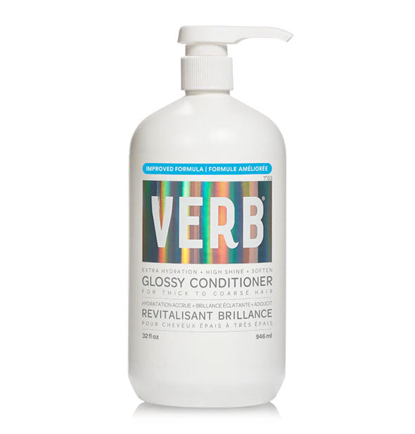 White 32 ounce bottle of Verb Glossy Conditioner with gray lettering and blue and holographic accents