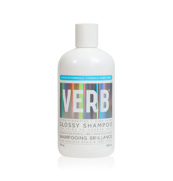 White 12 ounce bottle of Verb Glossy Shampoo with gray lettering and blue and holographic details