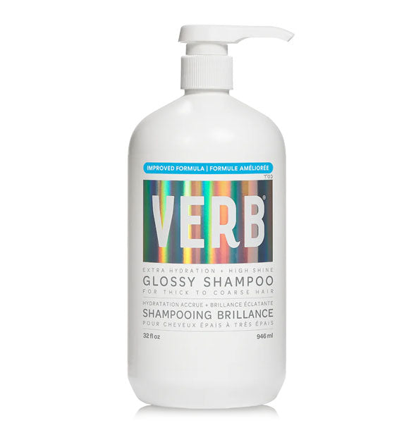 White 32 ounce bottle of Verb Glossy Shampoo with gray lettering and blue and holographic details