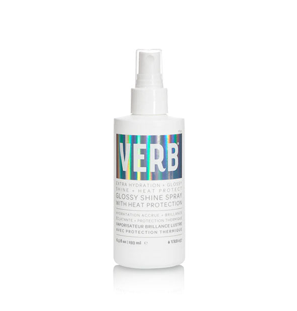 White 6.5 ounce bottle of Verb Glossy Shine Spray with gray lettering and a holographic accent