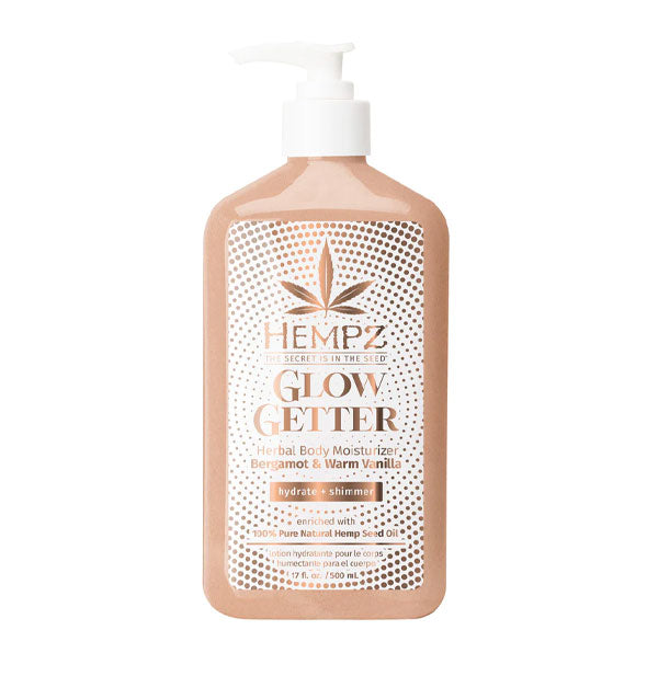 17 ounce bottle of Hempz Glow Getter Herbal Body Moisturizer with radial dot pattern and white pump nozzle