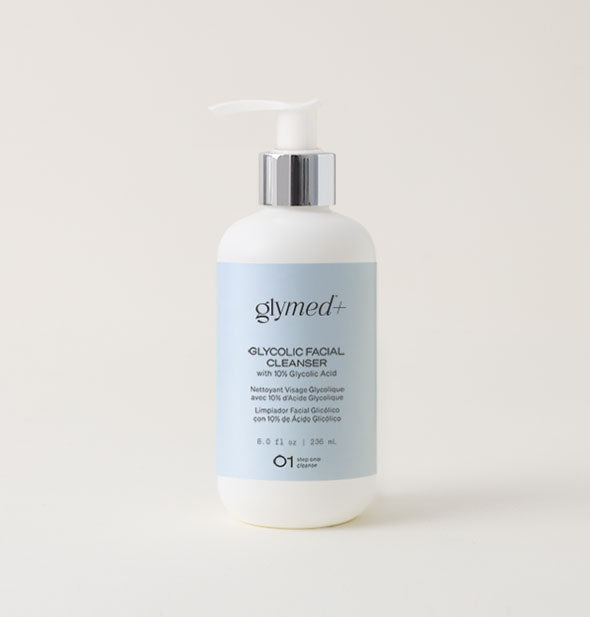 White 8 ounce bottle of GlyMed+ Glycolic Facial Cleanser with blue label and silver nozzle base