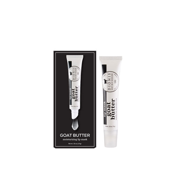 Black and white tube and box of Dionis Goat Butter Moisturizing Lip Mask