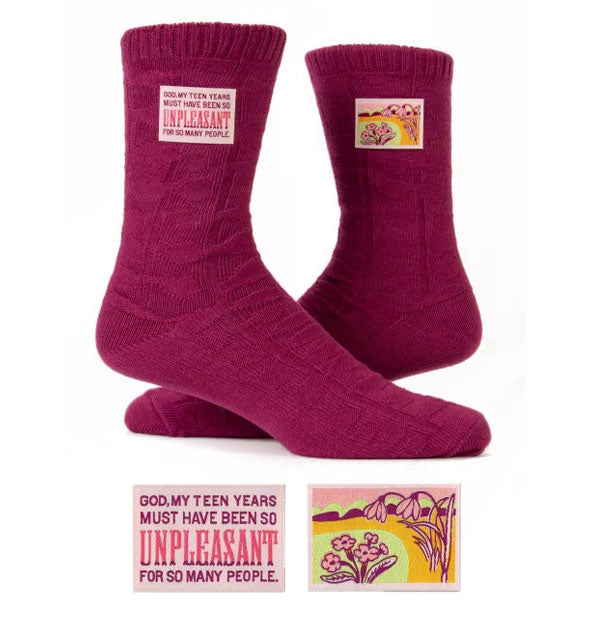 Pair of burgundy socks, one of which has an ankle tag that reads, "God, my teen years must have been so unpleasant for so many people."