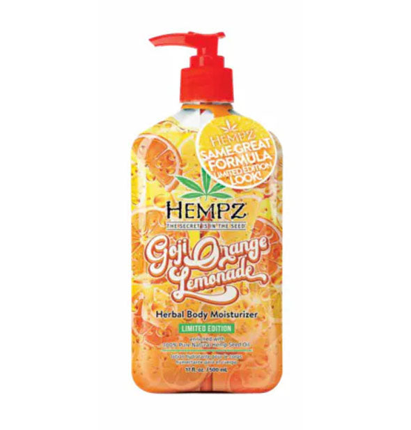 17 ounce bottle of limited edition Hempz Goji Orange Lemonade Herbal Body Moisturizer with all-over citrus design motif and red nozzle
