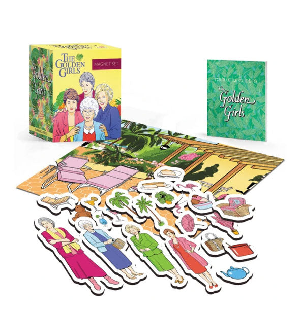 Assortment of contents from The Golden Girls Magnet Set: colorful magnets of the characters and show props, a backdrop, booklet, and box