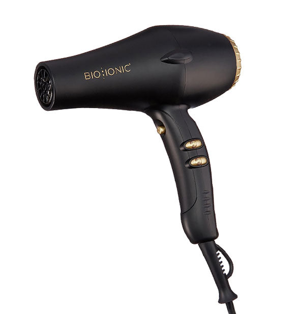 Black Bio Ionic hair dryer with gold accents