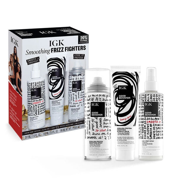 Box and contents of IGK's Smoothing Frizz Fighters kit: Good Behavior 4-In-1 Prep Spray, Spiruline Protein Smoothing Blowout Balm, and Spirulina Protein Smoothing Spray