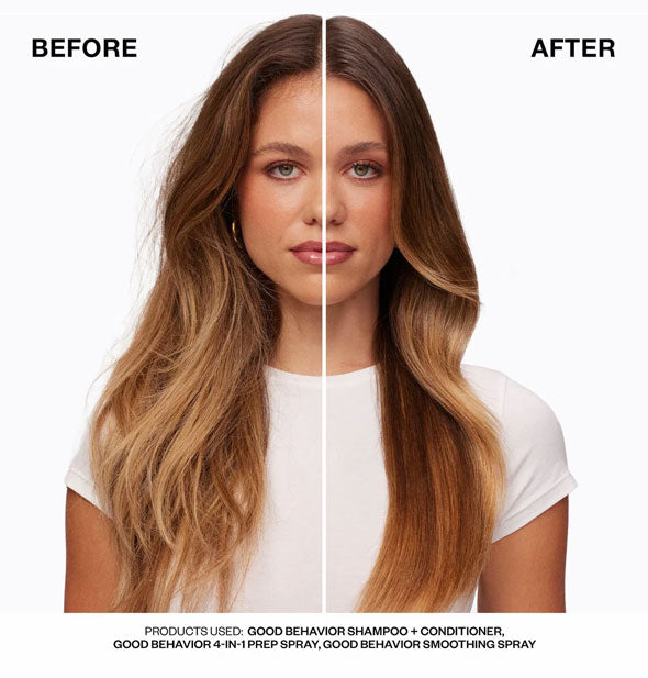 Side-by-side comparison of model's hair before and after using IGK Good Behavior products