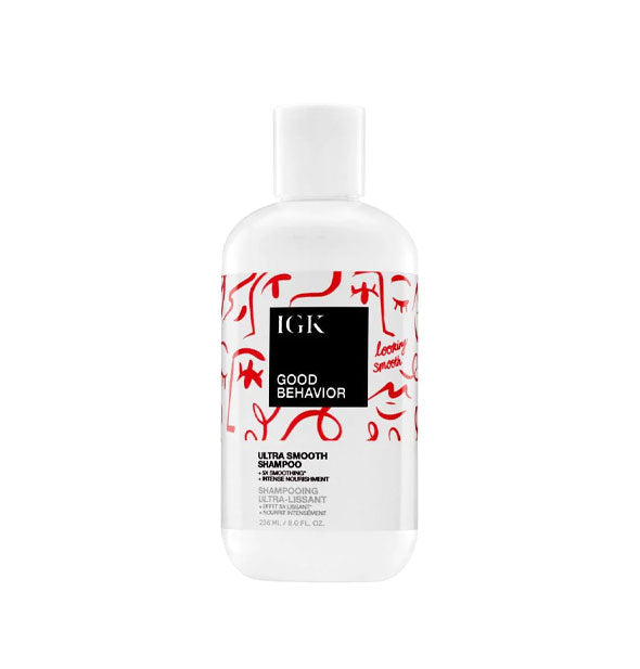 8 ounce bottle of IGK Good Behavior Ultra Smooth Shampoo with minimalist red, black, and white design