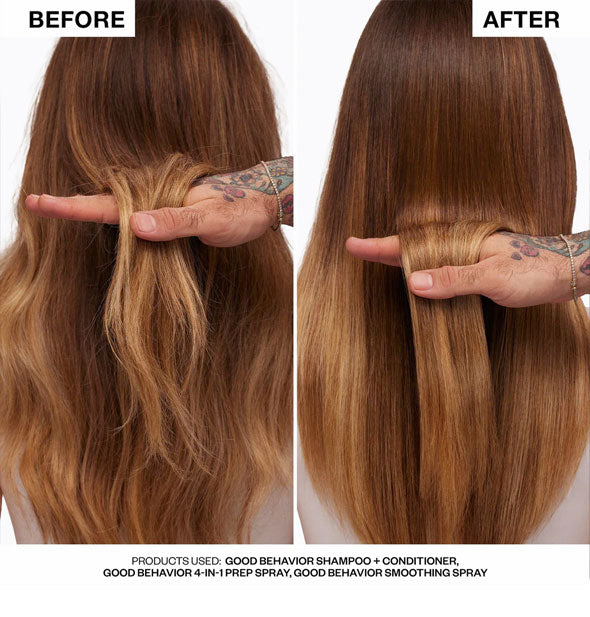Side-by-side comparison of a model's hair before and after using IGK Good Behavior products with stylist's hand lifting a section forward