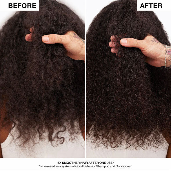 Side-by-side comparison of a model's hair before and after using IGK Good Behavior products with stylist's hand lifting a section forward