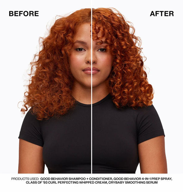 Side-by-side comparison of model's curly hair before and after using IGK Good Behavior products