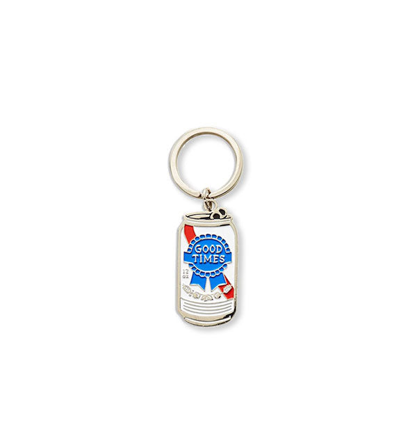 Silver keychain with enamel paint resembles a beer can with blue ribbon label that says, "Good Times"