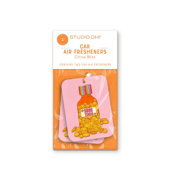 Pack of two Car Air Fresheners with Good Times pill bottle design in Citrus Bliss fragrance