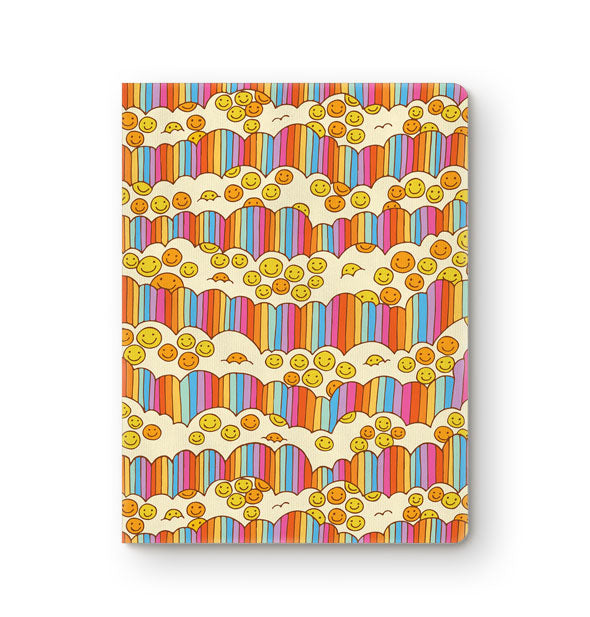 Journal cover with vertical rainbow stripes in alternating cloud-shaped horizontal stripes accented by yellow and orange smiley faces