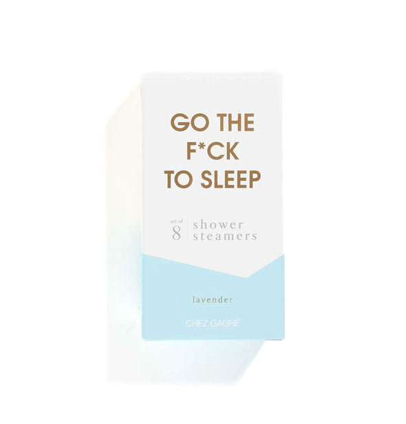 White and blue box of Go the F*ck to Sleep shower steamers with gold foil letteirng