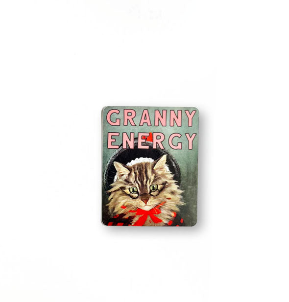 Rectangular sticker with rounded corners features an illustration of a fluffy cat wearing a bonnet with red strings tied in a bow under its chin and small round spectacles under the words, "Granny Energy" in pink lettering