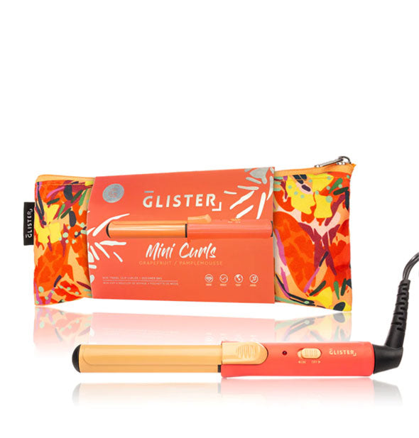 Orange and gold Glister Mini Curls curling iron with floral pouch packaging