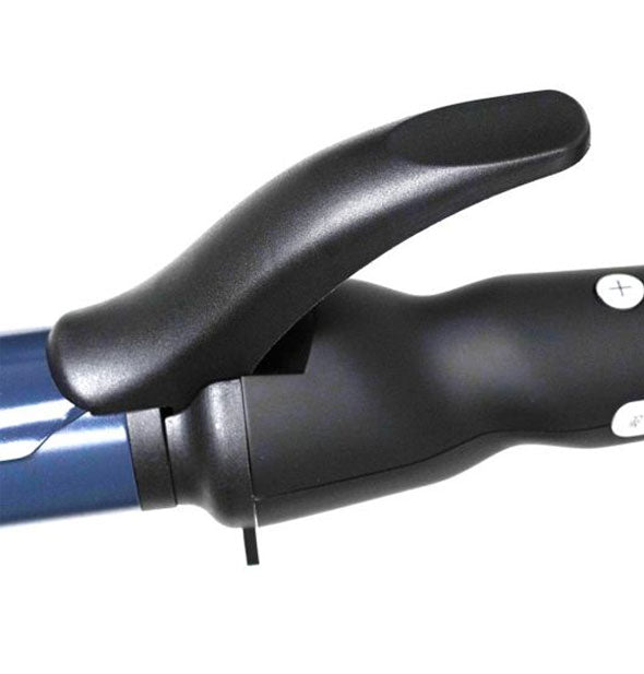 Closeup of the black handle of a curling iron