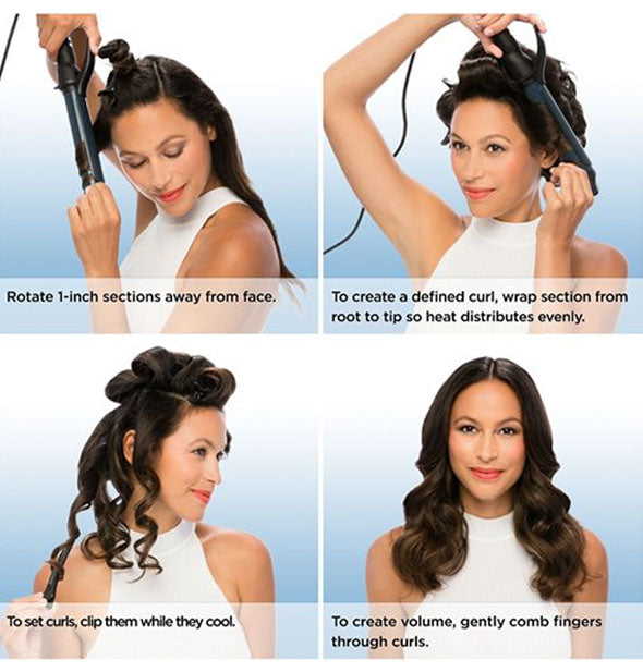 Model demonstrates use of the Bio Ionic GrapheneMX Curling Iron in four labeled steps