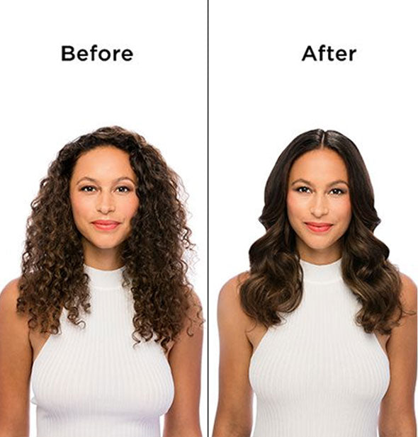 Side-by-side comparison of model's hair before and after styling with the Bio Ionic GrapheneMX Curling Iron
