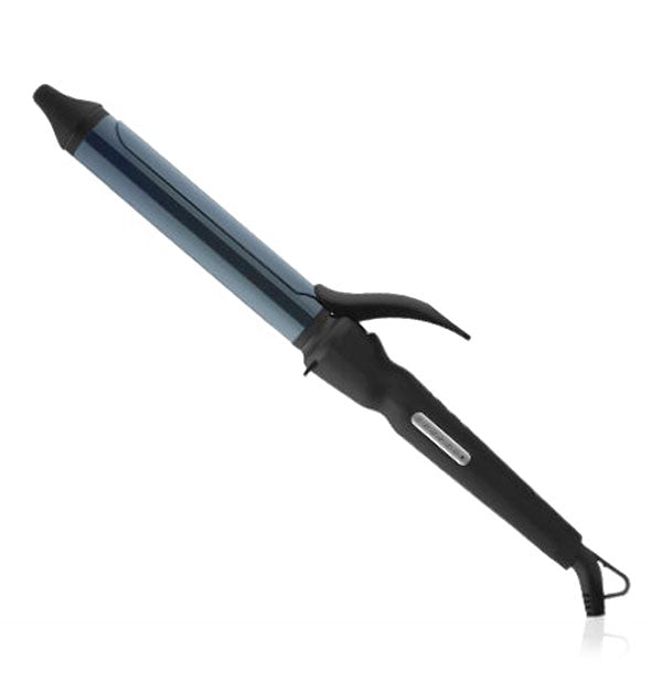 Curling iron with black handle and tip and a blueish barrel