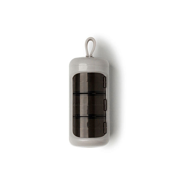 Gray Care Capsule Pill & Vitamin Pod with silicone hanging loop and three sections with black lids