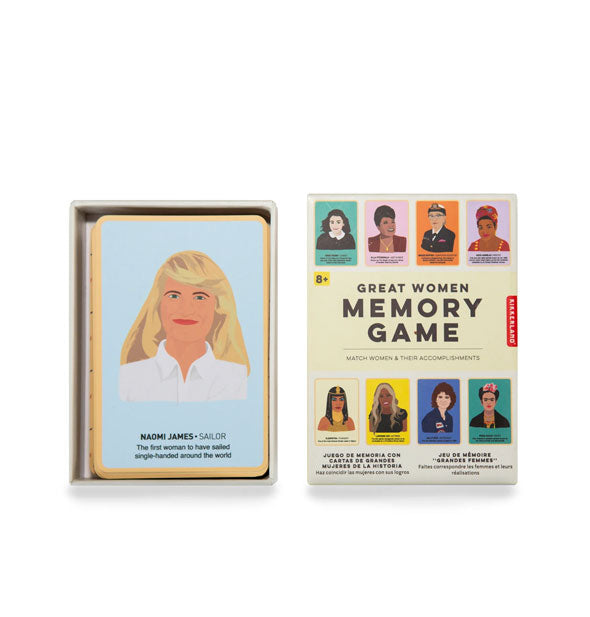 Great Women Memory Game box shown opened to reveal an illustrated card depicting Naomi James inside