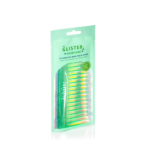 Green glitter Detangling Wide Tooth Comb in Glister Haircare packaging