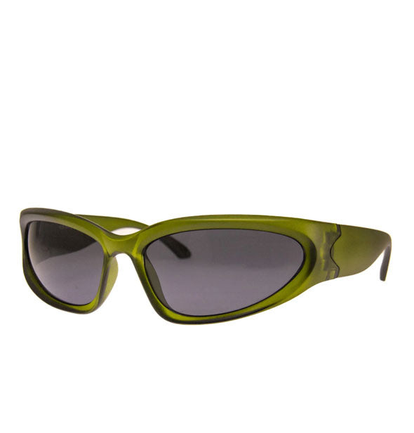 Green wraparound sunglasses with dark gray lenses