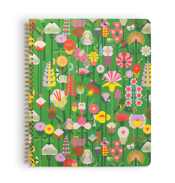 Green spiral bound notebook with colorful geometric floral pattern and rounded corners