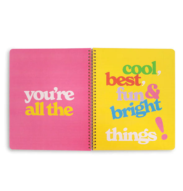Notebook interior features wire-bound pink and yellow pages that say, "You're all the col, best, fun & bright things!" in large colorful lettering