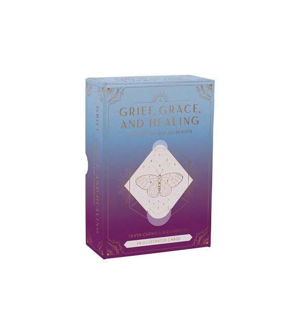 Blue-to-purple ombre Grief, Grace, and Healing card deck box with central butterfly design in a white diamond shape