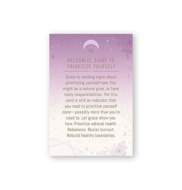 Card sample from the Grief, Grace, and Healing Oracle Deck: "Recognize Signs to Prioritize Yourself"